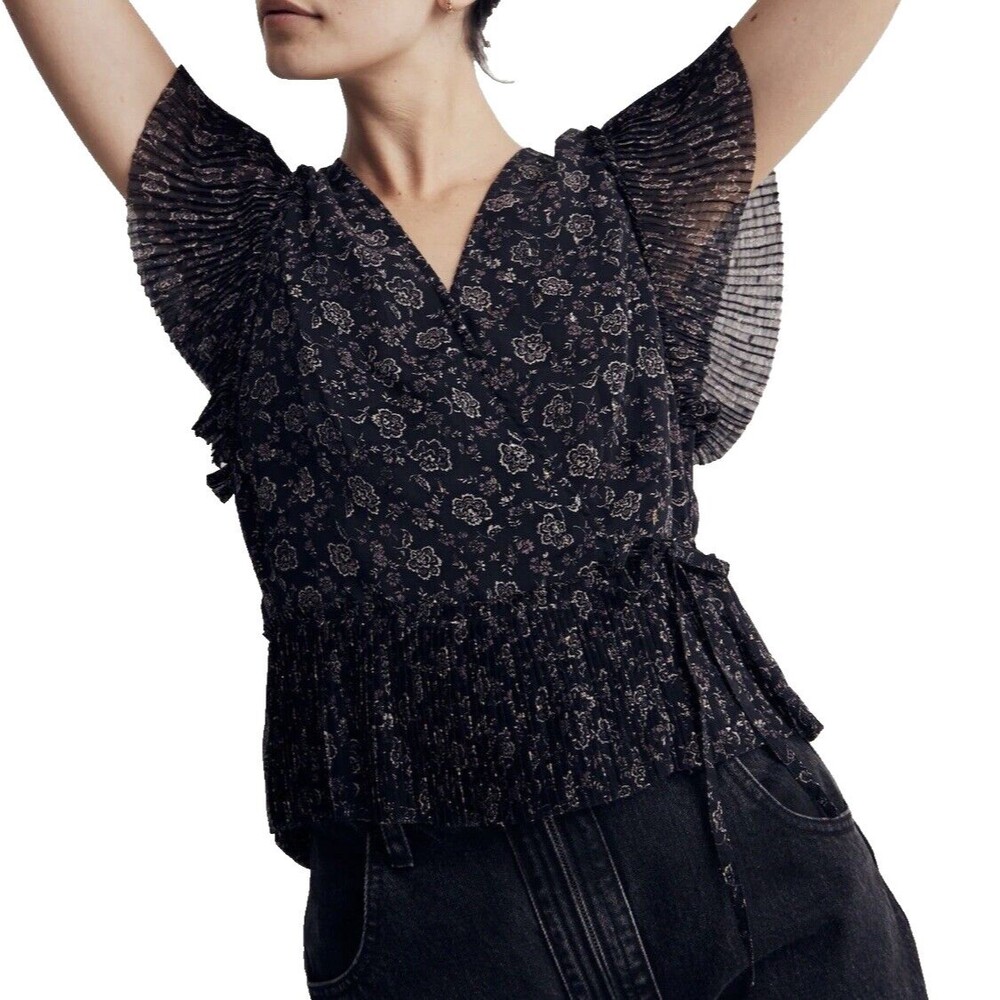Madewell Flutter-Sleeve Wrap Top in Floral Black Size Small